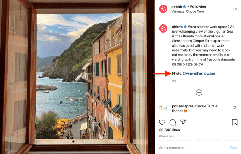 @airbnb „instagram image repost“ su vaizdo kreditu @wherethesnowsgo, kaip reikalaujama aukščiau esančiame paveikslėlyje