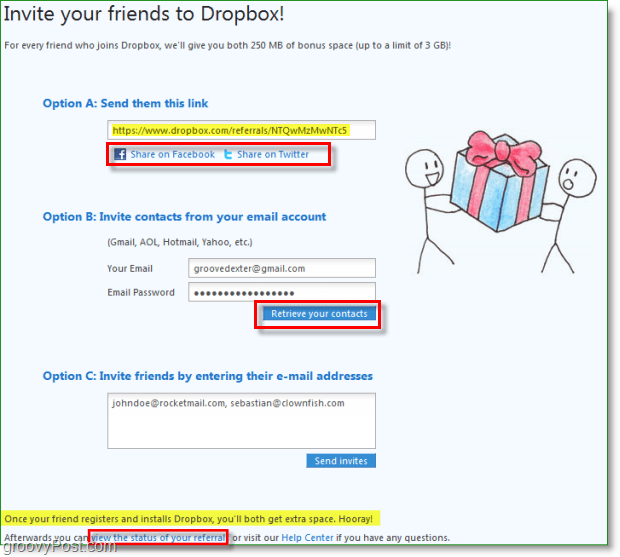 „Dropbox“ ekrano kopija - daugybė būdų, kaip dalintis kvietimais į „dropbox“