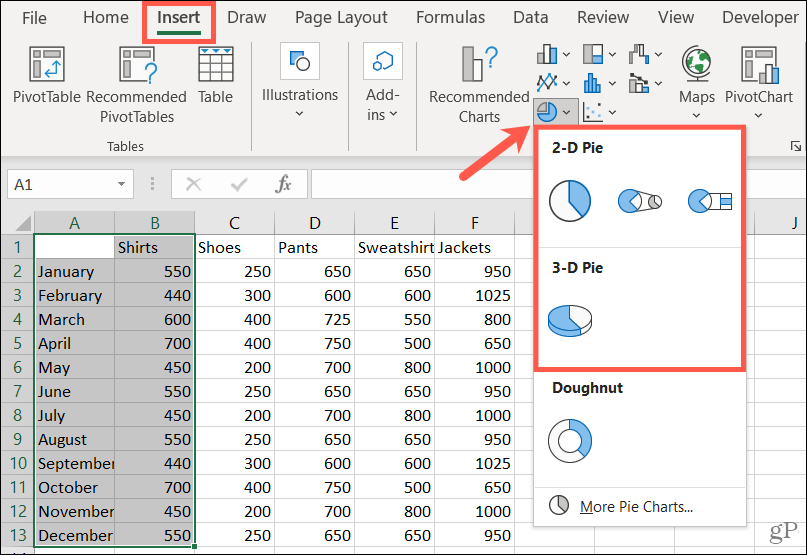 Norėdami sukurti skritulinę diagramą „Excel“, pasirinkite stilių