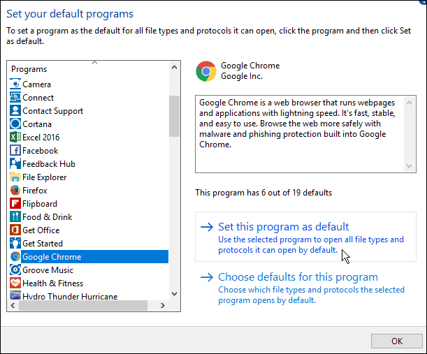 Pakeiskite numatytąją naršyklę „Windows 10 Anniversary Update“