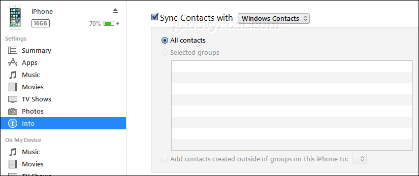 sinchronizuoti „iPhone“ kontaktus su „Windows“ kontaktais naudodamiesi iTunes