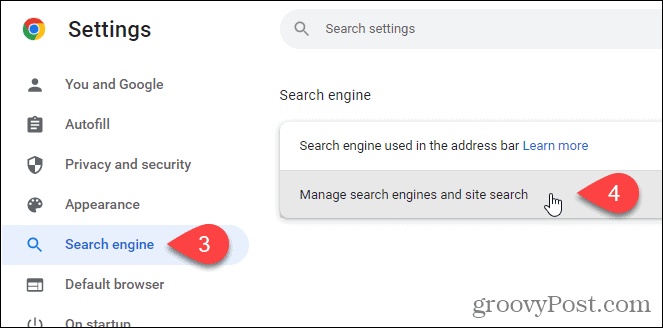 „Chrome“ paieškos variklio ekrane spustelėkite Tvarkyti paieškos variklius ir svetainių paiešką