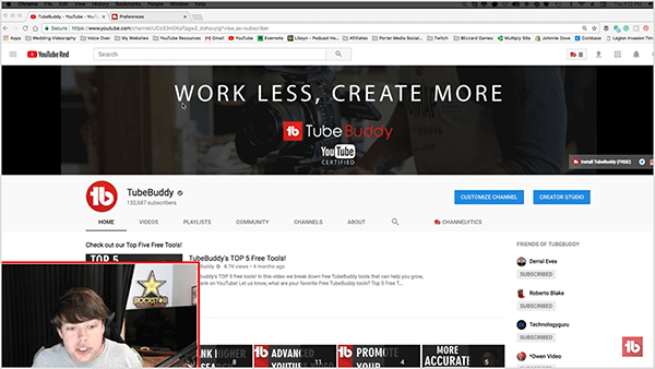 „Dusty Porter“ pereina prie ekrano, rodančio jį apatiniame kairiajame kampe, ir didesnio kompiuterio ekrano vaizdo, kuriame rodomas „YouTube“ kanalo „TubeBuddy“ puslapis.