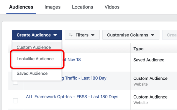 Galimybė sukurti „Facebook Lookalike“ auditoriją „Facebook Ads Manager“ skiltyje „Auditorijos kūrimas“.