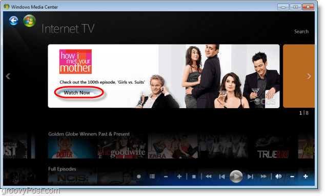„Windows 7 Media Center“ - spustelėkite žiūrėti dabar, kad peržiūrėtumėte laidas ar naršytumėte jose 