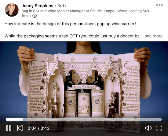 Jenny Simpkins vaizdo įrašo, kuriame parodyta, kaip naudoti įmontuotą išsamią vyno pakuotės pakuotę, įspūdį, pavyzdys
