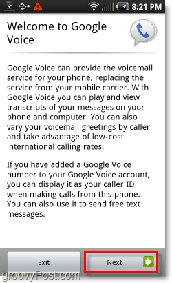 „Google Voice“ „Android“ pasveikinimo ekrane mobiliesiems