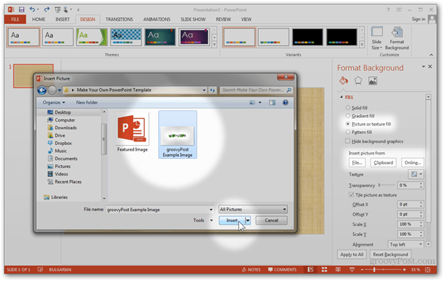 „Office 2013“ šablonas Sukurkite individualizuotą dizainą POTX tinkinkite skaidrių skaidres Mokomoji knyga Kaip paveikslėlį fotografuoti tekstūra užpildyti Importuoti iškarpinę