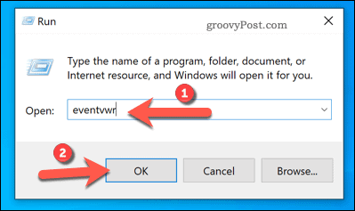 „Event Viewer“ atidarymas naudojant „Run“ sistemoje „Windows“