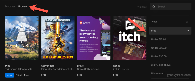 „Epic Games Store“ svetainė, kurioje rodomi įsigyti žaidimai