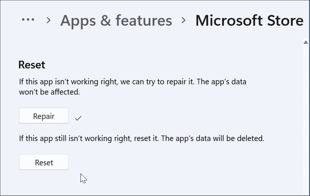 iš naujo nustatyti arba pataisyti programą „Microsoft Store“, kuri neveikia „Windows 11“.