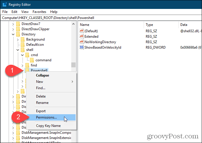 Pasirinkite „Powershell“ rakto leidimus „Windows“ registro rengyklėje