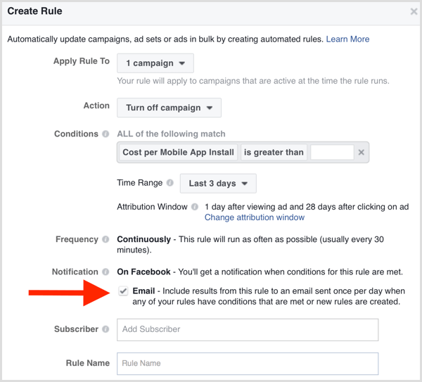 „Facebook Ads Manager“ automatinis taisyklių el. Pašto pranešimas