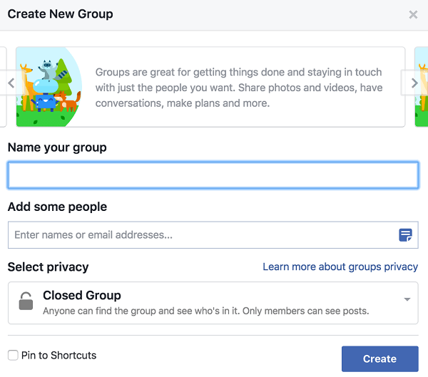 Suteikite savo grupei pavadinimą, pridėkite žmonių ir nuspręskite apie privatumo nustatymą.