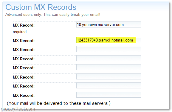perkelkite savo tiesioginę „xx“ serverio informaciją į savo domeno išplėstinių parinkčių puslapį, kad galėtumėte pritaikyti MP įrašus