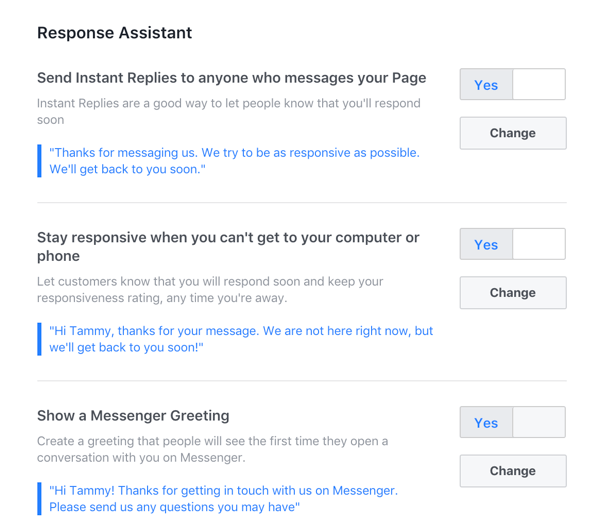 Konfigūruokite visus „quto“ atsakymus, kuriuos norite naudoti savo „Facebook“ verslo puslapyje.
