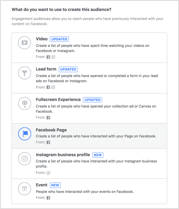 Pasirinkite „Facebook“ puslapio parinktį, kad sukurtumėte pasirinktinę įtraukimo auditoriją
