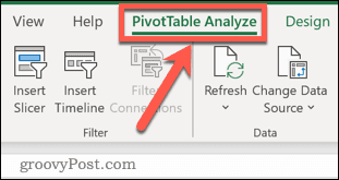 Suvestinės lentelės skirtukas programoje „Excel“.