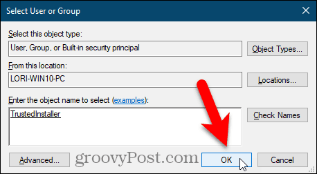 Uždarykite dialogo langą Pasirinkite vartotoją arba grupę „Windows“ registro rengyklėje