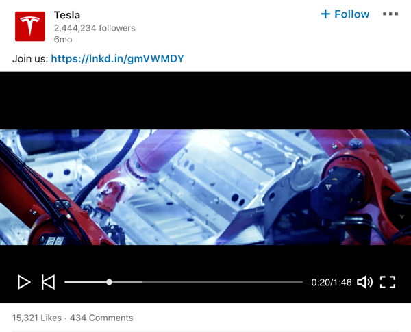 „Tesla LinkedIn“ įmonės puslapio vaizdo įrašo pavyzdys.