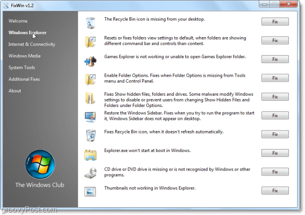 „FixWin“ „Windows Explorer“ taiso ekrano kopiją