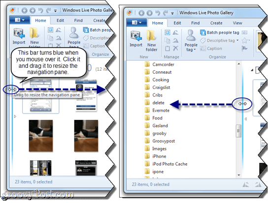 Pakeiskite naršymo srities dydį „Windows Live“ nuotraukų galerijoje