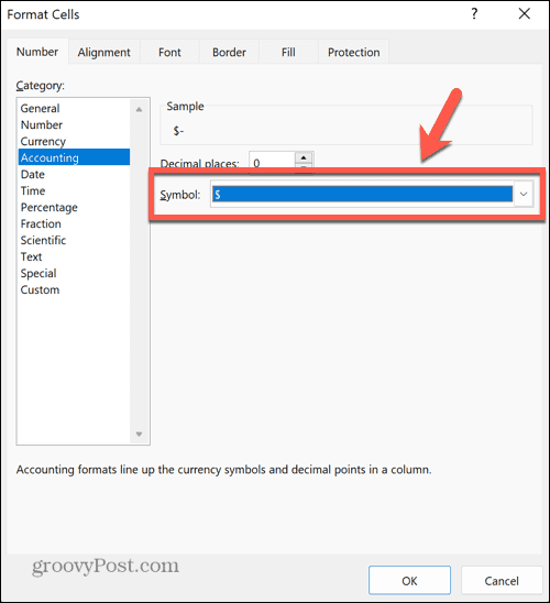 „Excel“ simbolio išskleidžiamasis meniu