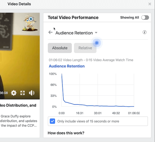„Facebook“ kanalo įžvalgų duomenų pavyzdys, pateiktas viso vaizdo įrašo našumo skiltyje