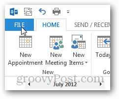 „Outlook 2013“ - Išjungti orą kalendoriuje - spustelėkite failą