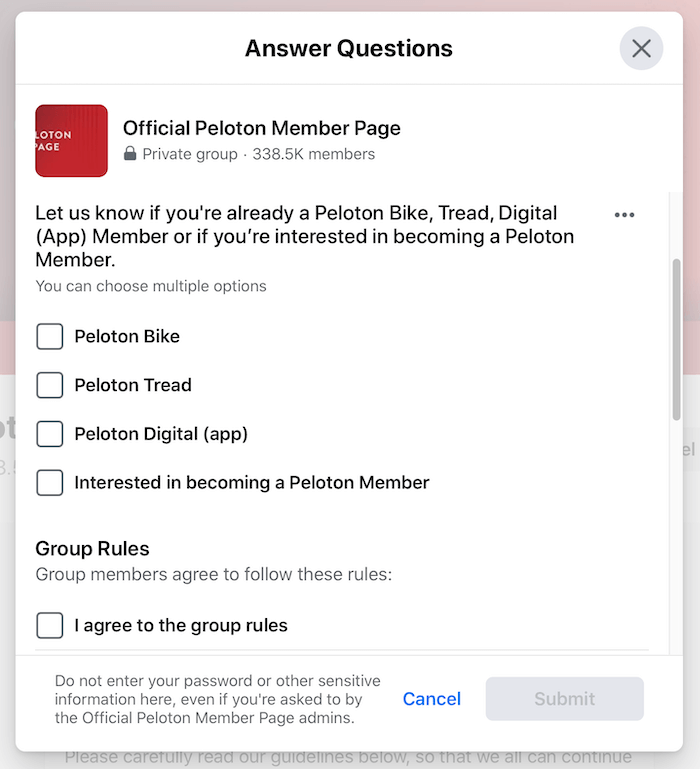 „facebook“ grupės atrankos klausimų pavyzdys oficialiai „Peloton“ narių puslapio grupei