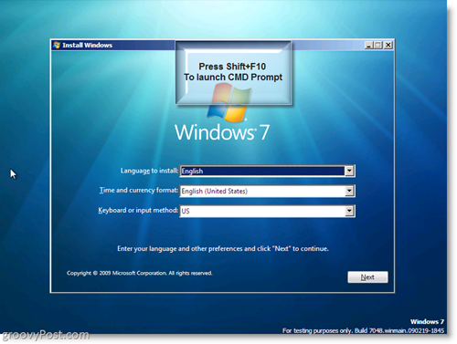 „Windows 7“ diegimas - paleiskite CMD eilutę naudodami „Shift + F10“