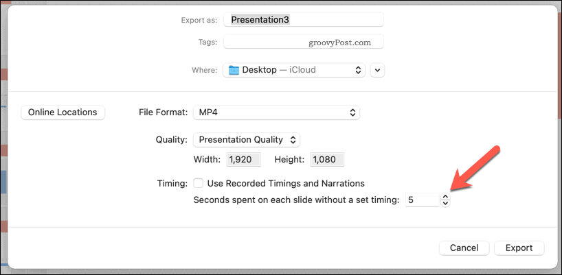 Eksportuoto vaizdo įrašo rankinio laiko naudojimas „Mac“ „PowerPoint“