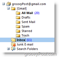 Naujas „iMAP GMAIL“ abonemento sąrašas „Outlook“ naršymo įrankių juostoje