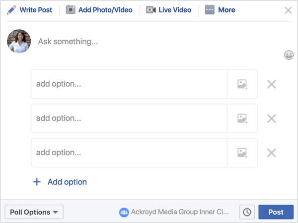 „Facebook“ grupės įraše spustelėkite Apklausa ir tada parašykite klausimą ar raginimą. 