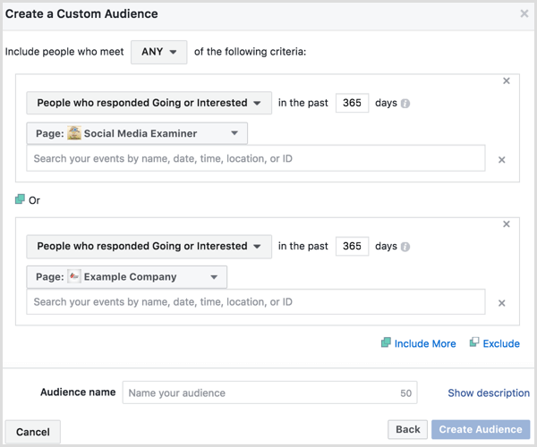„Facebook“ skelbimų tvarkyklė sukuria pasirinktinę auditoriją, remdamasi įtraukimu į įvykius