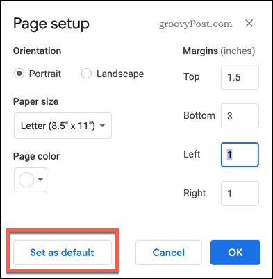 „Google“ dokumentuose „Page Setup“ nustatytas kaip numatytasis mygtukas