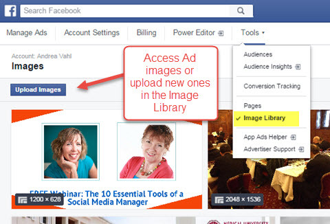 „Facebook“ skelbimų tvarkyklės prieiga prie vaizdų bibliotekos
