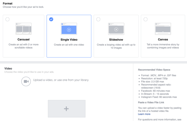 Pasirinkite „Facebook“ skelbimo formatą „Single Video“ ir įkelkite savo vaizdo įrašą.