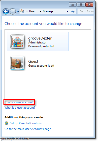 „Windows 7“ paskyrų apžvalgos puslapyje naudokite saitą kurdami naują abonementą