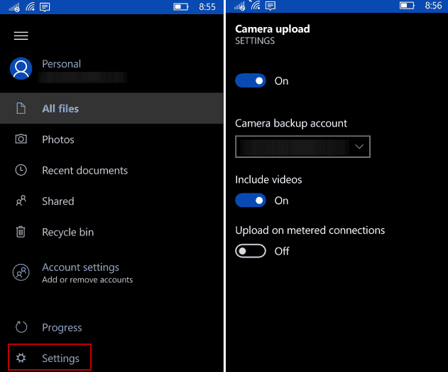 Padarykite „Windows 10 Mobile“ automatiškai sukurkite atsargines „OneDrive“ atsargines kopijas