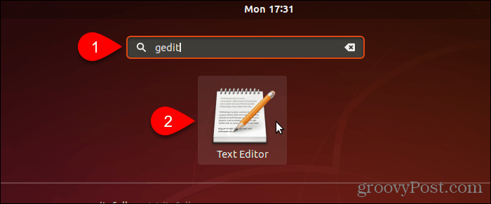 Ieškokite ir atidarykite „gedit“ Ubuntu