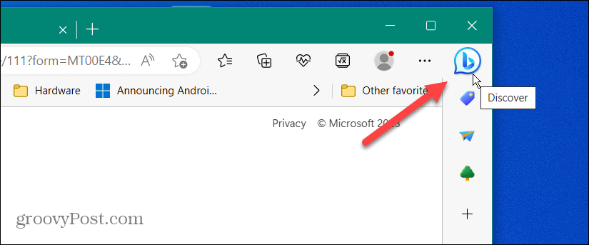 Pašalinkite „Bing Chat“ mygtuką iš „Microsoft Edge“.