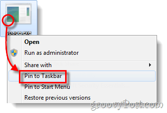 pin exe failą į užduočių juostos Windows 7