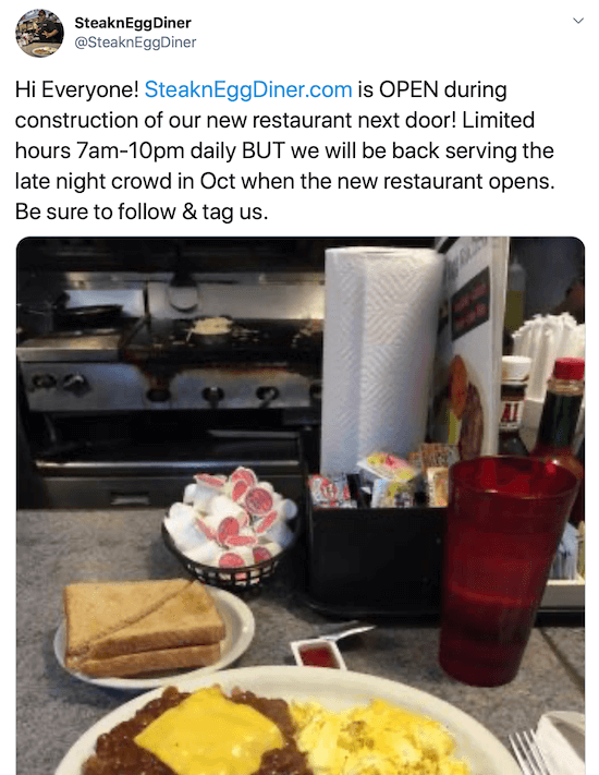 @steakneggdiner „twitter“ įrašo ekrano kopija ribotą laiką statant savo naują restoraną