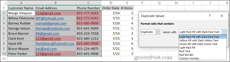 Pasirinkite „Excel“ dublikatų formatavimas