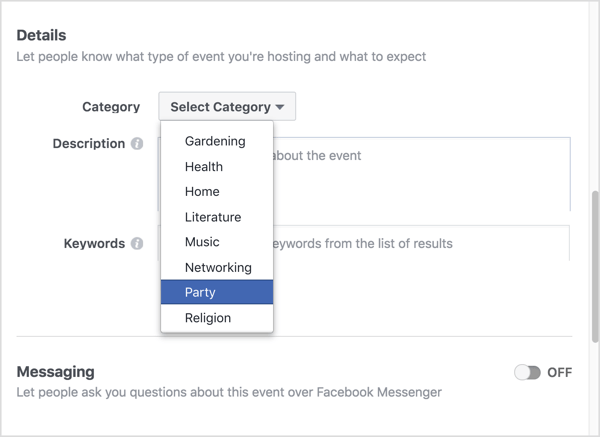 Pasirinkite kategoriją, geriausiai apibūdinančią jūsų virtualų „Facebook“ įvykį.