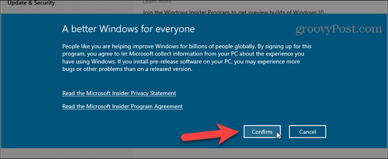 Patvirtinkite „Windows Insider“ programos registraciją