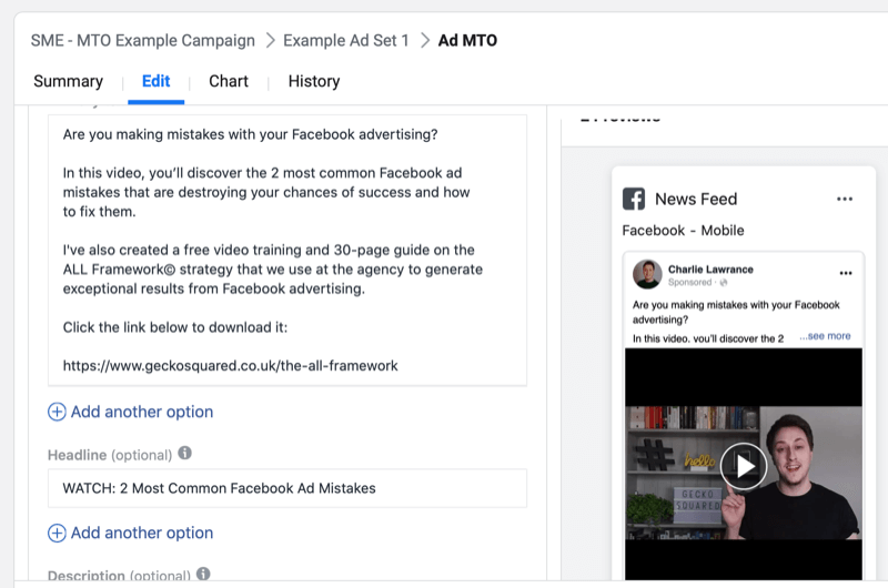 žingsnis po žingsnio, kaip sukurti „Facebook“ kampaniją su keliomis teksto parinktimis