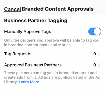 „Instagram“ prekės ženklo turinio patvirtinimo nustatymai verslo profiliui