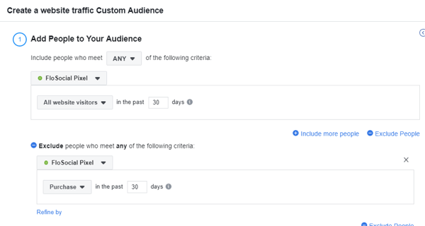 Naudokite „Facebook“ įvykio sąrankos įrankio 15 veiksmo nustatymus, kad sukurtumėte pasirinktinę „Facebook“ auditorijos auditoriją, išskyrus pirkinius per pastarąsias 30 dienų